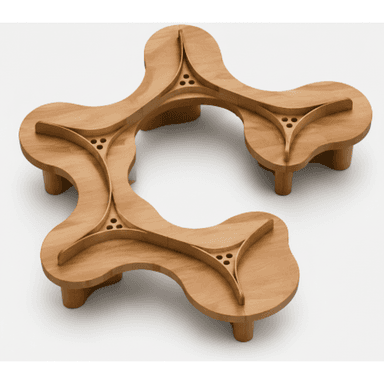 A sculptural, low-profile wooden bench with an organic, curvilinear design, featuring multiple interconnected seating areas and intricate joinery. — 3D model (AI enhanced source)