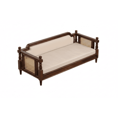 A traditional wooden daybed or diwan, featuring a dark stained wood frame, intricate cane webbing on the side panels, and a partially upholstered backrest. It is equipped with turned wooden legs and decorative finials, topped with a light-colored, plush mattress cushion. — 3D model (AI enhanced source)