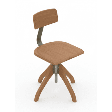 A contemporary or retro-inspired industrial swivel desk chair featuring a curved, bentwood seat and backrest. The backrest is supported by a curved, grey-finished metal frame. The chair sits on a central swivel mechanism with a four-leg base made from splayed, bent wooden legs, giving it a stable yet dynamic appearance. The wood has a natural, medium-brown finish. — 3D model (AI enhanced source)