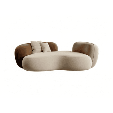 A large, modern upholstered daybed featuring a curvilinear, biomorphic form. The main lounging surface is a light beige/greige fabric, transitioning into a contrasting dark brown backrest on one side and a smaller, lighter backrest on the other. It includes two decorative pillows on the brown section. The design emphasizes soft, rounded edges and a sculptural aesthetic. — 3D model (AI enhanced source)