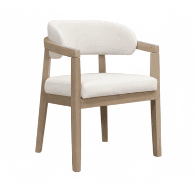 A contemporary armchair featuring a light-toned wooden frame and off-white upholstered seat, backrest, and armrests. The backrest has a distinct curved shape, providing a comfortable embrace. The frame is constructed with straight lines for the legs and arm support, creating a clean, modern aesthetic. — 3D model (AI enhanced source)