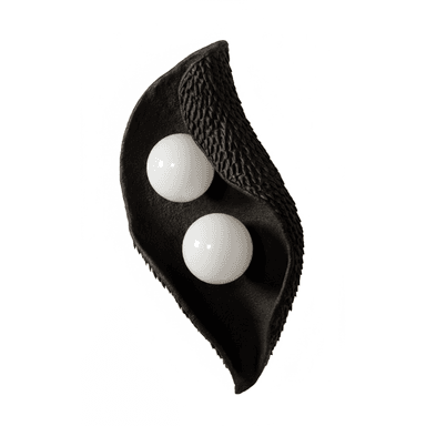 A sculptural wall sconce featuring a dark, leaf-like or organic-shaped body with a distinct textured surface. Two spherical, opaline white diffusers are embedded within the body, providing soft, diffused illumination. The fixture is designed for wall mounting and presents a modern, artistic aesthetic. — 3D model (AI enhanced source)