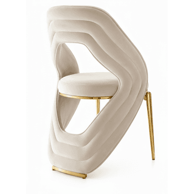 A contemporary dining or accent chair featuring a highly sculptural, open-backed design. The chair is upholstered in a light beige or cream velvet, with prominent horizontal channel tufting on the backrest. The backrest forms a distinctive, undulating shape with a large cut-out section. The seat is a circular, padded cushion. The chair is supported by a sleek gold-finished metal frame, including two slender back legs and a solid base element at the front. The overall aesthetic is elegant and modern, with a touch of glamour. — 3D model (AI enhanced source)