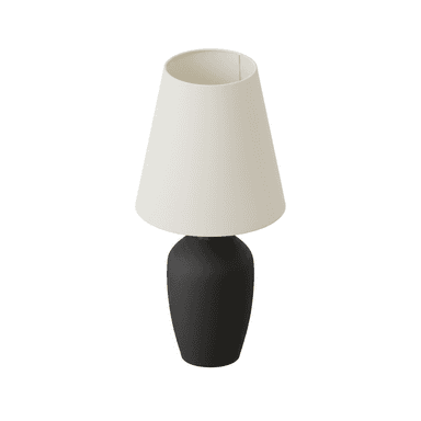 A modern table lamp featuring a conical fabric shade in an off-white color, paired with a tapered, vase-shaped base in matte black with a distinctive textured finish. The lamp exhibits a minimalist aesthetic. — 3D model (AI enhanced source)
