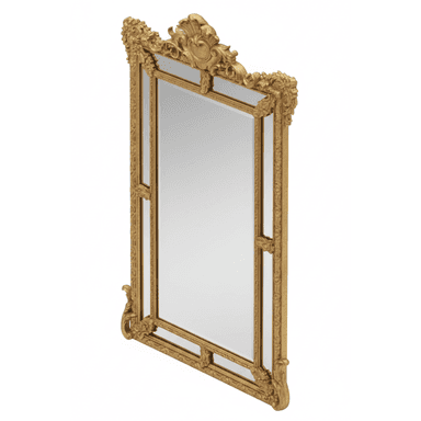 A rectangular mirror with an ornate, gilded frame. The frame features intricate carvings and decorative elements, including scrolling acanthus leaves and a cartouche at the top. The mirror surface appears to be glass. — 3D model (AI enhanced source)