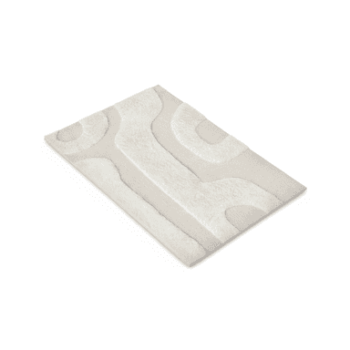 A rectangular area rug featuring a two-tone abstract pattern. The dominant color is a light beige or cream, with raised, shaggy areas in an off-white or lighter cream, creating a tactile, curvilinear design. The rug is presented on a plain white background, highlighting its texture and pattern. — 3D model (AI enhanced source)