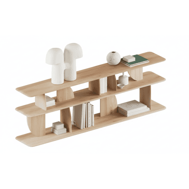 A modern, open-back bookshelf with a light wood finish. It features two horizontal shelves supported by vertical and curved wooden elements. The shelves are designed with rounded edges. The top shelf displays decorative objects and books, while the lower shelf holds books. — 3D model (AI enhanced source)