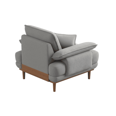 A modern, light grey upholstered lounge armchair featuring a textured fabric, wide padded armrests, and a supportive backrest with an additional decorative cushion. The chair sits on a visible wooden base frame with four tapered wooden legs. — 3D model (AI enhanced source)