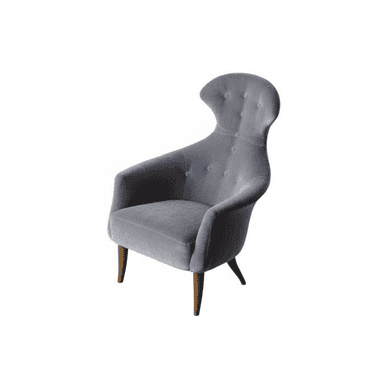 A mid-century modern inspired armchair with a high, sculpted backrest and tufted detailing. The chair features upholstered arms and is supported by four tapered wooden legs. — 3D model (AI enhanced source)