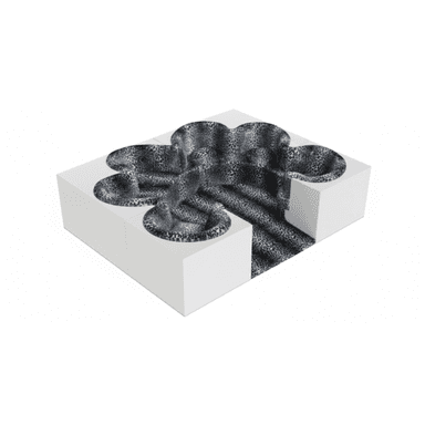 A modular lounge seating system composed of stark white geometric blocks with integrated, organically shaped seating depressions upholstered in a bold black and white leopard print fabric. — 3D model (AI enhanced source)
