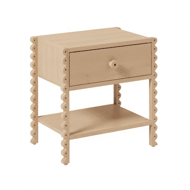 A light-toned wooden nightstand featuring a single drawer and an open lower shelf, distinguished by decorative scalloped edges on its vertical frame. — 3D model (AI enhanced source)