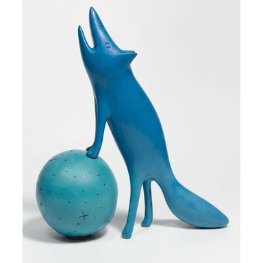 An abstract, stylized ceramic sculpture depicting a fox-like creature in a matte blue finish, with its head tilted upwards as if howling. The creature stands with one paw resting on a textured, spherical teal base that features small indentations and cross-like marks. — 3D model (AI enhanced source)