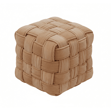 A cube-shaped ottoman featuring a distinctive woven exterior made from padded strips of beige velvet fabric. The interwoven pattern creates a plush, textured surface. — 3D model (AI enhanced source)