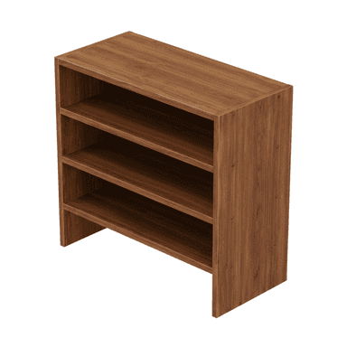 A compact, three-tier open shelving unit featuring a medium brown wood-look laminate finish. The unit has a simple, rectangular form with flat top, bottom, and side panels, and three equally spaced internal shelves. The construction appears to be engineered wood or particle board with visible screws on the exterior side panels, suggesting a flat-pack or modular design. The base is formed by the extended side panels, providing a low-profile stand. Its dimensions suggest it is suitable for small spaces or as an auxiliary storage piece. — 3D model (AI enhanced source)