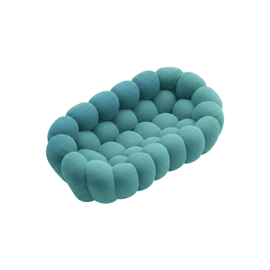 A contemporary loveseat composed of numerous individually upholstered spherical or ovoid modules, arranged to form a continuous seating surface and integrated backrest. The upholstery features a gradient color scheme, transitioning from a darker blue-green to a lighter teal-green hue across its length. — 3D model (AI enhanced source)