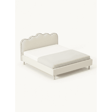A cream-colored upholstered bed frame with a distinctive scalloped headboard. The entire frame, including the headboard, side rails, and footboard, is covered in a soft, textured fabric. The headboard features a wavy top edge with contrasting piping. The bed stands on four slender, light-toned tapered wooden legs. A white mattress and a light gray throw are visible on the bed. — 3D model (AI enhanced source)