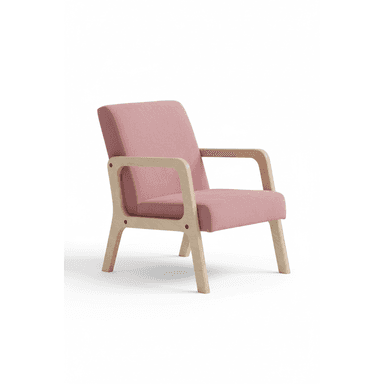 A single armchair featuring a light-toned, exposed wooden frame with a pink fabric upholstered seat, backrest, and padded armrests. The design is contemporary with clean lines and visible hardware. — 3D model (AI enhanced source)