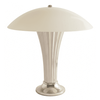 A polished metallic table lamp featuring a ribbed or fluted stem and base, topped with a domed, opaque off-white shade. The design suggests an Art Deco influence. — 3D model (AI enhanced source)