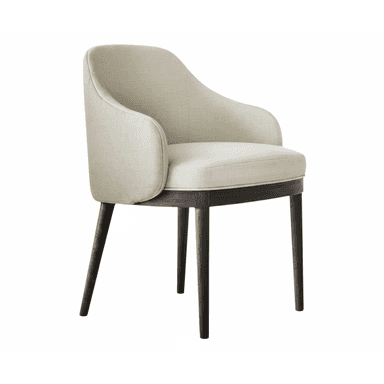An upholstered armchair with a curved barrel back and armrests, set on four dark, tapered wooden legs. The fabric is a light, neutral color, likely a linen or bouclé blend, and the wood has an espresso finish. The design suggests a modern or contemporary aesthetic, suitable for dining or as an accent piece. — 3D model (AI enhanced source)