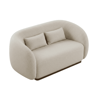 A contemporary two-seater loveseat featuring a distinct curvilinear silhouette with seamlessly rounded arms and backrest, upholstered in a light beige, textured bouclé fabric. The piece sits on a recessed, dark wooden plinth base, creating a floating effect. It includes two rectangular throw pillows matching the upholstery. — 3D model (AI enhanced source)