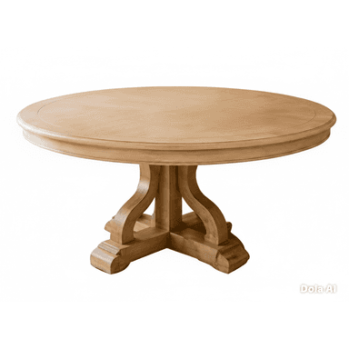 A round, light-colored wooden table featuring a robust, intricately carved pedestal base and a smooth tabletop with a subtle edge detail. — 3D model (AI enhanced source)