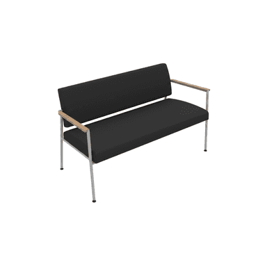 A modern two-seater bench featuring a minimalist design. It has a visible tubular metal frame, black upholstered seat and back cushions, and light-toned wooden armrests. The frame is silver-colored, and the legs are straight with dark footpads. — 3D model (AI enhanced source)