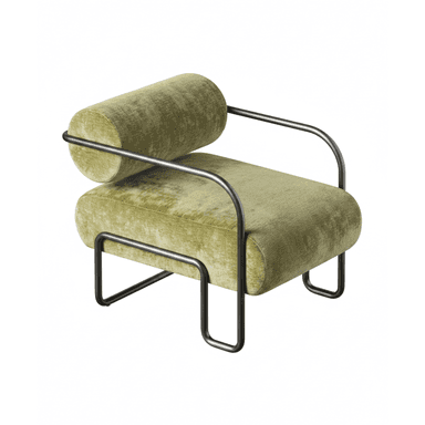 A contemporary armchair featuring a plush, cylindrical backrest and seat upholstered in a textured, olive-green velvet fabric. The armchair is supported by a minimalist, dark metal frame with curved legs and armrests. The design combines soft, rounded forms with a linear, industrial-inspired base. — 3D model (AI enhanced source)