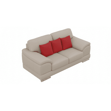 A modern two-seater sofa upholstered in light beige material, featuring three red throw pillows. It has gently rounded arms and a tailored back, supported by visible chrome-finished feet. — 3D model (AI enhanced source)