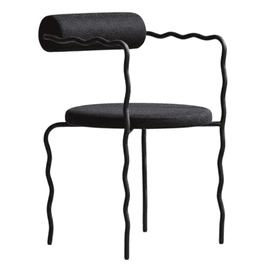 A contemporary armchair featuring a distinctive wavy tubular metal frame in a black finish, with a cylindrical upholstered backrest and a circular upholstered seat, both in a dark gray fabric. — 3D model (AI enhanced source)