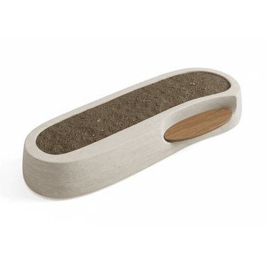 An elongated, oval-shaped planter bench made from light-colored concrete or a similar composite material, featuring a central trough for plants and an integrated oval wooden seat on one side. The design is modern and minimalist. — 3D model (AI enhanced source)