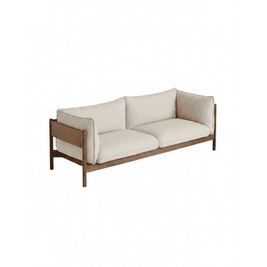 A modern two-seater sofa featuring a distinctive exposed wooden frame. The frame forms the base, legs, and partial sides, encasing plush, upholstered cushions. The cushions, for both the seat and back, are loose and covered in a light beige or cream fabric, distinguished by subtle piping along their edges. The armrests are formed by a curved upholstered section resting within the wooden frame, offering a clean and minimalist aesthetic. — 3D model (AI enhanced source)