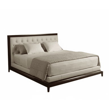 A modern platform bed featuring a dark wood frame and cream-colored upholstered components. The headboard is significantly tall and tufted with button detailing, providing a plush backrest. The side rails and footboard are also upholstered, integrated seamlessly into the dark wood base which appears to elevate the mattress. The bed is presented with bedding, including pillows and a throw blanket, against a plain white background. — 3D model (AI enhanced source)