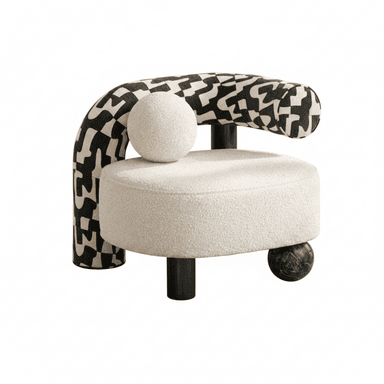 A contemporary sculptural lounge chair featuring a round, thick seat upholstered in cream bouclé fabric. The backrest is a bold, curved element wrapped in a black and off-white abstract checkerboard patterned fabric. A small spherical cushion in matching cream bouclé serves as a minimalist armrest or accent. The chair is supported by three dark, cylindrical legs, with one additional dark spherical element acting as a fourth, decorative foot. — 3D model (AI enhanced source)