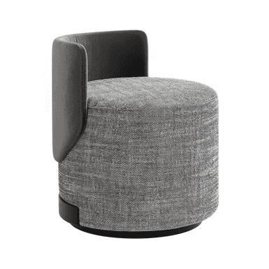 A contemporary cylindrical accent chair featuring a partial, curved backrest. The main body is upholstered in a light grey textured fabric, while the backrest is upholstered in a darker, smooth grey fabric. It rests on a black plinth base, giving it a minimalist and modern appearance. — 3D model (AI enhanced source)