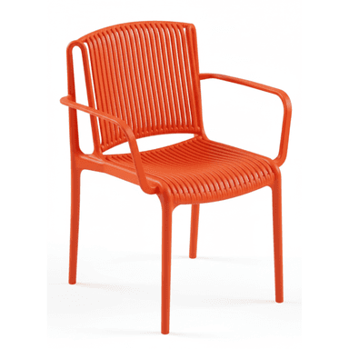 A bright orange armchair featuring a distinctive slatted design for both the seat and backrest. It is made from a single molded piece of plastic, with integrated armrests and four slender legs. — 3D model (AI enhanced source)