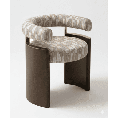 An upholstered barrel-style accent chair featuring a curved backrest and armrests, a circular seat, a geometric pattern fabric, and a substantial dark wood panel base with subtle brass accents. — 3D model (AI enhanced source)