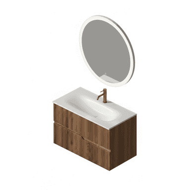 A modern wall-mounted vanity unit with a fluted wood-effect front and two drawers. It is topped with a white integrated sink and features a contemporary brass faucet. A circular, illuminated mirror with an integrated LED light is positioned above the vanity. — 3D model (AI enhanced source)