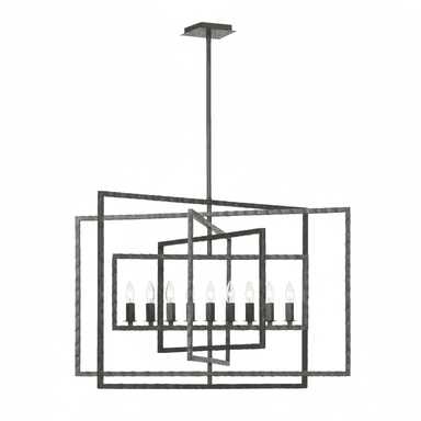 A modern chandelier featuring a multi-layered geometric design composed of nested rectangular frames. The frame is constructed from dark, hammered metal, giving it a textural, industrial appearance. Eight candelabra-style bulbs are positioned within the inner frame, providing ambient light. The fixture is suspended from a ceiling canopy by a rigid downrod. — 3D model (AI enhanced source)