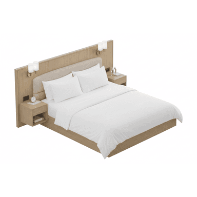 A modern hotel-style bed with a light wooden headboard and frame. The bed features two white pillows and white bedding. Two wall-mounted bedside lamps with golden bases and frosted glass shades are attached to the headboard. Two matching bedside tables are integrated into the headboard structure, each containing a drawer and an open shelf. The bedside table on the left displays a clock and a book, while the one on the right holds two bottles of water. — 3D model (AI enhanced source)