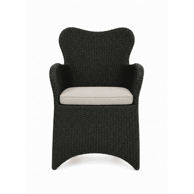 A dark brown (almost black) woven armchair with a distinctive curved back and integrated armrests, featuring a light beige, rectangular seat cushion. The entire body of the chair, including its subtly flared base, is constructed from a tightly woven material. — 3D model (AI enhanced source)