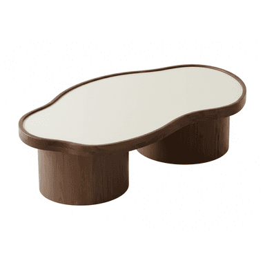 An organic modern coffee table featuring a kidney-shaped top with a light-colored surface, supported by two dark brown cylindrical drum bases. — 3D model (AI enhanced source)