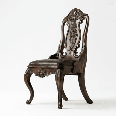 An elaborately carved wooden side chair featuring dark, rich wood and a padded black upholstered seat. The chair's backrest is intricately carved with floral and foliate motifs, topped with a heart-shaped detail. The frame incorporates scrolling elements and acanthus leaf carvings. It stands on elegant cabriole front legs and saber-style rear legs, all in a matching dark wood finish. — 3D model (AI enhanced source)