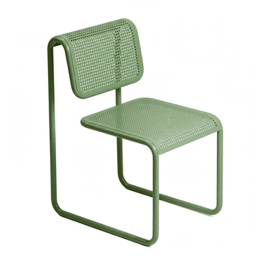 A modern armless chair featuring a monochromatic green finish, constructed with a continuous tubular metal frame and perforated metal sheets for the seat and backrest. — 3D model (AI enhanced source)