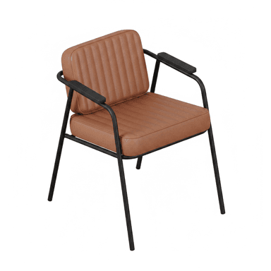 A modern armchair featuring a black powder-coated steel frame and tan faux leather upholstered cushions with horizontal channel tufting. — 3D model (AI enhanced source)