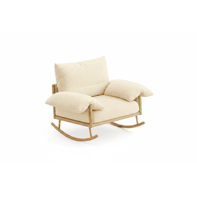 A contemporary rocking chair featuring a light-toned wooden frame and plush, cream-colored boucle fabric upholstery. The chair has a distinctive curved rocker base and thick, comfortable cushions for the seat, back, and armrests, suggesting a focus on comfort and a modern, inviting aesthetic. — 3D model (AI enhanced source)