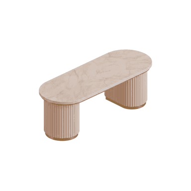 An oval coffee table featuring a light-colored marble top and two substantial, cylindrical pedestal bases. The bases are finished in a pale pink or peach hue with a distinct fluted texture, and each base is accented with a gold-tone band at its bottom edge. A thin gold-tone trim also outlines the edge of the tabletop, adding a touch of elegance to the modern design. — 3D model (AI enhanced source)