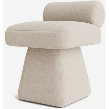 A modern, fully upholstered chair with a distinctive sculptural silhouette, featuring a thick, rounded square seat and a cylindrical bolster backrest. The chair stands on a solid, inverted truncated pyramid base. The entire piece is covered in a textured, light beige fabric. — 3D model (AI enhanced source)