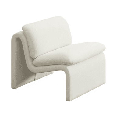 A modern, off-white armchair with a distinctive, sculptural design. The armchair features a low profile with a continuous, curved form that creates both the seat and the armrests/base. It has a separate, thick back cushion that rests against the curved structure. The upholstery appears to be a textured fabric. — 3D model (AI enhanced source)