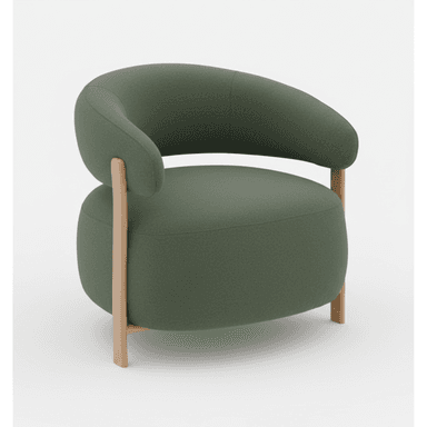 A contemporary armchair featuring a rounded, barrel-style design upholstered in a deep olive green fabric, supported by a minimalist exposed light wood frame. — 3D model (AI enhanced source)