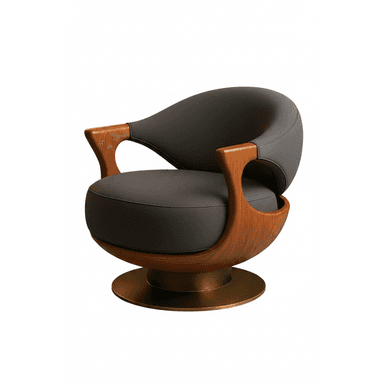 A modern swivel lounge armchair featuring a dark upholstered seat and back, enveloped by a curved wooden frame, resting on a round metallic base. — 3D model (AI enhanced source)